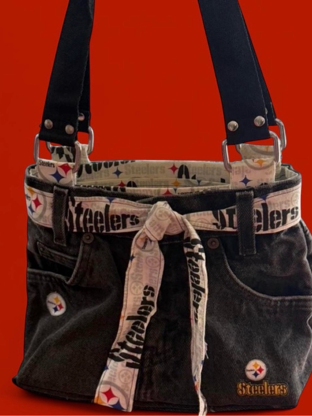 NFL Steelers Black Denim Mini Bag with Team Logo Accents